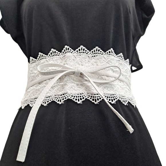 Corset White Wide waist Lace Faux Leather belt Obi Wrap Boho wedding sash - Picture 7 of 11